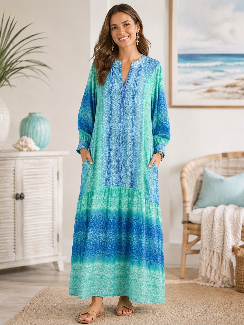 Hale Bob Green and Blue Ombre Printed Maxi Swim Coverup